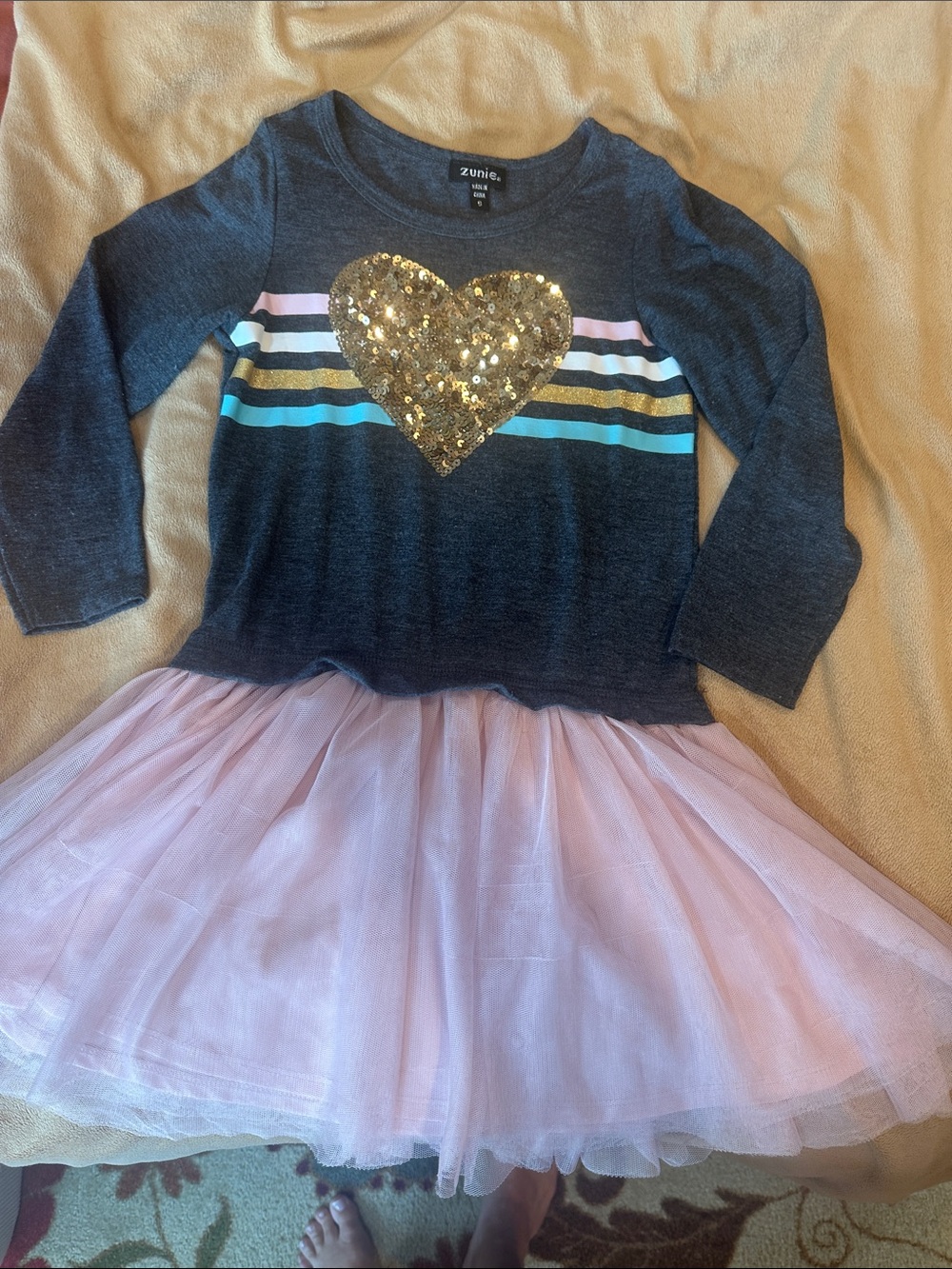 Zunie Charcoal Top with Gold Sequin Heart and Pink Tulle Skirt